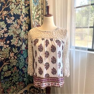 Xhilaration Ivory Crochet Sleeved Blouse w Bohemian Floral Bouquet Print Bodice